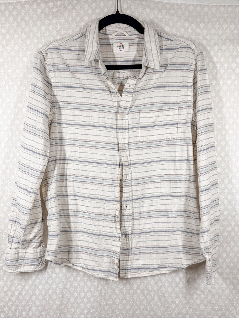 Marine Layer White Blue Pink Striped Button Down Long Sleeve Cotton Top